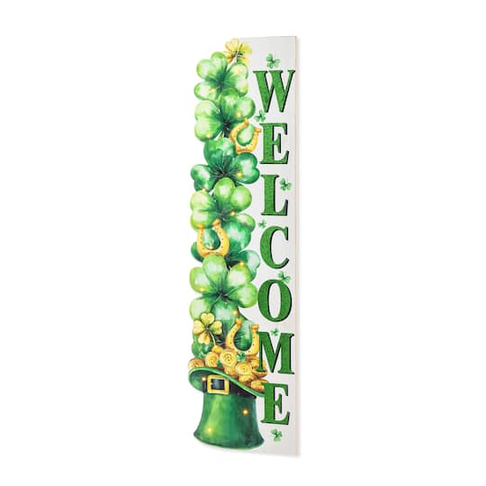 Glitzhome® 42" St. Patrick's Wooden Lighted Stacked Shamrock Porch Decor with Timer in Green | 11.75" x 0.5" x 42" | Michaels®